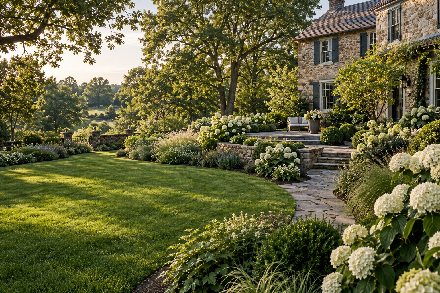 Garden inspiration: a lush lawn, flowering borders and stone paths around a Pennsylvania-style farmhouse